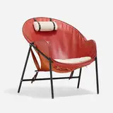 Lounge chair, model BO 360 by Erik Ole Jørgensen, 1953, leather, enameled steel, sheepskin, sold Nov 2022