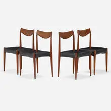 Bambi dining chairs, set of four by Rolf Rastad and Adolf Relling, c. 1955, teak, vinyl, sold Nov 2022
