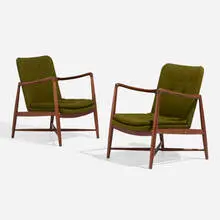 Fireplace lounge chairs, pair by Finn Juhl, 1946, teak, upholstery, sold Nov 2022