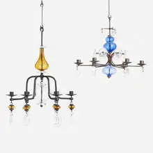 Candelabrum, set of two by Erik Höglund, c. 1965, enameled iron, glass, sold Nov 2022