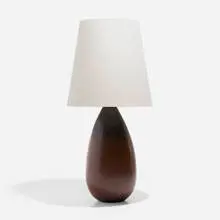 Table lamp by Carl-Harry Stålhane, c. 1950, glazed stoneware, linen shade, brass, sold Nov 2022