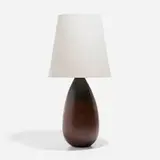 Table lamp by Carl-Harry Stålhane, c. 1950, glazed stoneware, linen shade, brass, sold Nov 2022