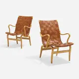 Eva armchairs, pair by Bruno Mathsson, 1941 / 1973, leather, beech, sold Nov 2022