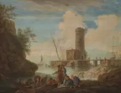 in der Art Fischer und Wäscherinnen am Hafen by Joseph Vernet, oil on panel, offered Dec 2024
