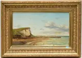 Küstenlandschaft mit Schiffbauern und Wäscherinnen by Auguste Boyer, oil on canvas, offered Dec 2024