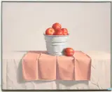 Red plums in a bucket by James Moore, 1995, oil on canvas, sold Dec 2024