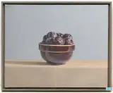 Black Plums in Brown Bowl by James Moore, 1996, oil on canvas, sold Dec 2024