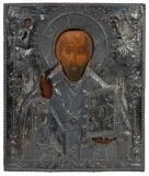 Russisch, um 1800 by Hl. Nikolaus mit Silberoklad, tempera, offered Dec 2024