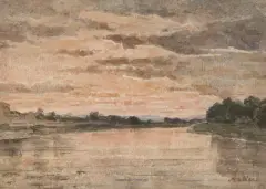 Studie für weite Flusslandschaft, verso Bildnis eines Kindes by Albert Anker, watercolor, sold Dec 2024