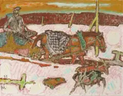 Bauer auf einem Pferdeschlitten im Schnee by Alois Carigiet, 1975, oil on canvas, sold Dec 2024