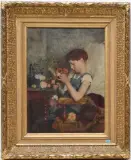 Sitzender Knabe mit Feldblumenstrauss by Édouard John Ravel, 1883, oil on canvas, sold Dec 2024