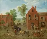 Ansicht eines Dorfplatzes mit Wirtshaus "Löwen" und Brunnen by Hendrick Jacob Hoet, oil on copper, offered Sep 2024