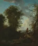 Bauern auf einem Waldweg by Johann Christian Brand, oil on canvas, sold Sep 2024