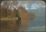 Seelandschaft, verso Tessiner Bergdorf by Gioachimo Galbusera, oil on panel, sold Sep 2024