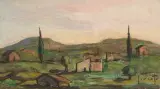 Landschaft mit Häusern und Zypressen by Guido Gonzato, oil on board, sold Sep 2024