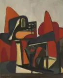 Serie Rouge by Pinchas Burstein, 1956, oil on canvas, sold Sep 2024