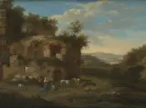 in der Art Hirtenpaar mit Kleinkind und ihrer Herde vor einer Ruine by Cornelis van Poelenburgh, oil on panel, sold Sep 2024