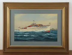 painting of a yacht by Lester Fagans, watercolor on board, sold Aug 2024