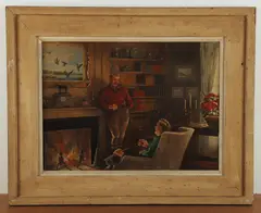 illustration painting of sportsmen depicting two men in an interior by Carl Ivar Gilbert, oil on canvas, sold Aug 2024