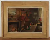 illustration painting of sportsmen depicting two men in an interior by Carl Ivar Gilbert, oil on canvas, sold Aug 2024