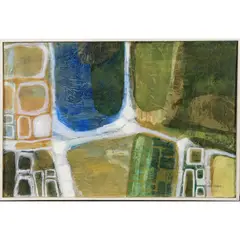 Fields and Pond by Lundy Siegriest, 1964, mixed media on board, sold Jun 2022