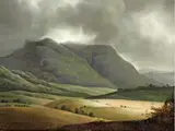 Sanfte Hügelige Landschaft mit vom Sonnenlicht Hinterfangenem Bergrücken by Jean-Joseph-Xavier Bidauld, oil on paper, offered Dec 2019