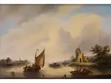 Flusslandschaft mit Schiffen und Ruine by Frederik Hendriks, oil on panel, offered Apr 2016
