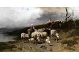 Abtrieb der Schafherde vor dem Gewitter by Christian Mali, oil on canvas, sold Apr 2022