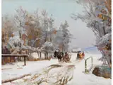 Winterfreuden mit Schlittenfahrt by Ignacy Zygmuntowicz, oil on paper, sold Dec 2025