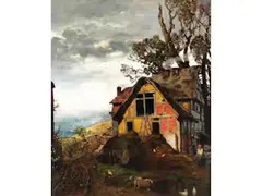 Hessisches Bauerngehöft mit Blick ins tal by Adolf Lins, oil on canvas, offered Dec 2025