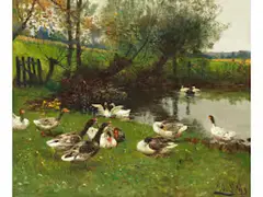 Gänse am Dorfweiher by Adolf Lins, oil on canvas, offered Dec 2025