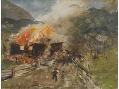 Brand in Reith by Franz Defregger, oil, offered Dec 2025