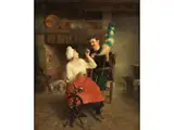 Bäuerliches Interieur mit Junger Frau am Spinnrad by Alphonse Gaudefroy, 1845 – 1936, oil on canvas, offered Jun 2019