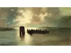 Fischerboote vor der Silhouette von Venedig by Alberto Prosdocimi, oil, sold Dec 2025