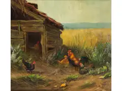 Hühnerhof mit Gockel by Carl Jutz, oil on canvas, offered Dec 2024