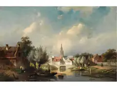 Blick auf Einen Städtischen Kanal mit Steinerner Brücke und Figurenstaffage by Charles Leickert, oil on canvas, sold Jun 2023