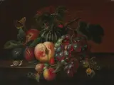 Früchtestillleben mit Schnecke und Schmetterling by Robert Görner, 1865, oil on canvas, sold Sep 2024