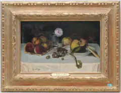 Stillleben mit Pfirsichen, Trauben und Äpfeln by Antoine Vollon, oil on panel, sold Sep 2024