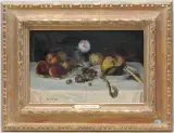 Stillleben mit Pfirsichen, Trauben und Äpfeln by Antoine Vollon, oil on panel, sold Sep 2024