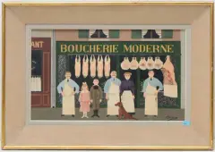 Boucherie moderne by Fernand Boilauges, oil on board, sold Sep 2024