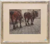 Zwei Kutschenpferde in der Stadt by Alessandro Lupo, oil on board, offered Sep 2024
