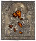 Russisch, Ende 19.Jh by Gottesmutter von Wladimir mit Silberoklad, tempera, sold Sep 2024