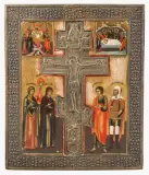 Russisch, 19.Jh by Staurothek-Ikone "Kreuzigung Christi" mit Basma, tempera, sold Sep 2024