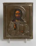 Russisch, um 1910 by Christus Pantokrator mit Silberoklad, tempera, sold Sep 2024