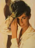 Young woman portrait illustration depicting a young brunette with her hair pulled up by Mark Miller, gouache on illustration board, sold Sep 2024