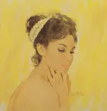 Young woman portrait illustration depicting a young woman with yellow headband by Mark Miller, gouache on board, sold Sep 2024
