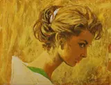 Young woman portrait illustration depicting a young woman with a white headband by Mark Miller, gouache on board, sold Sep 2024