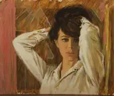 Young woman portrait illustration depicting a young woman in a white blouse pulling her hair up by Mark Miller, gouache on board, sold Sep 2024