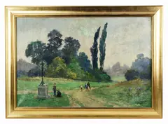 landscape with figures and memorial by Lucien Gilbert Darpy, oil on canvas, sold Oct 2024