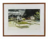 scene with railroad by Zygmund Jankowski, watercolor, sold Oct 2024